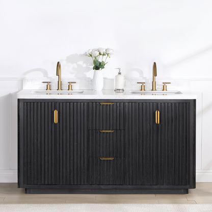 Vinnova, Cádiz 60in. Free-standing Double Bathroom Vanity in Fir Wood Black with Composite top in Lightning White