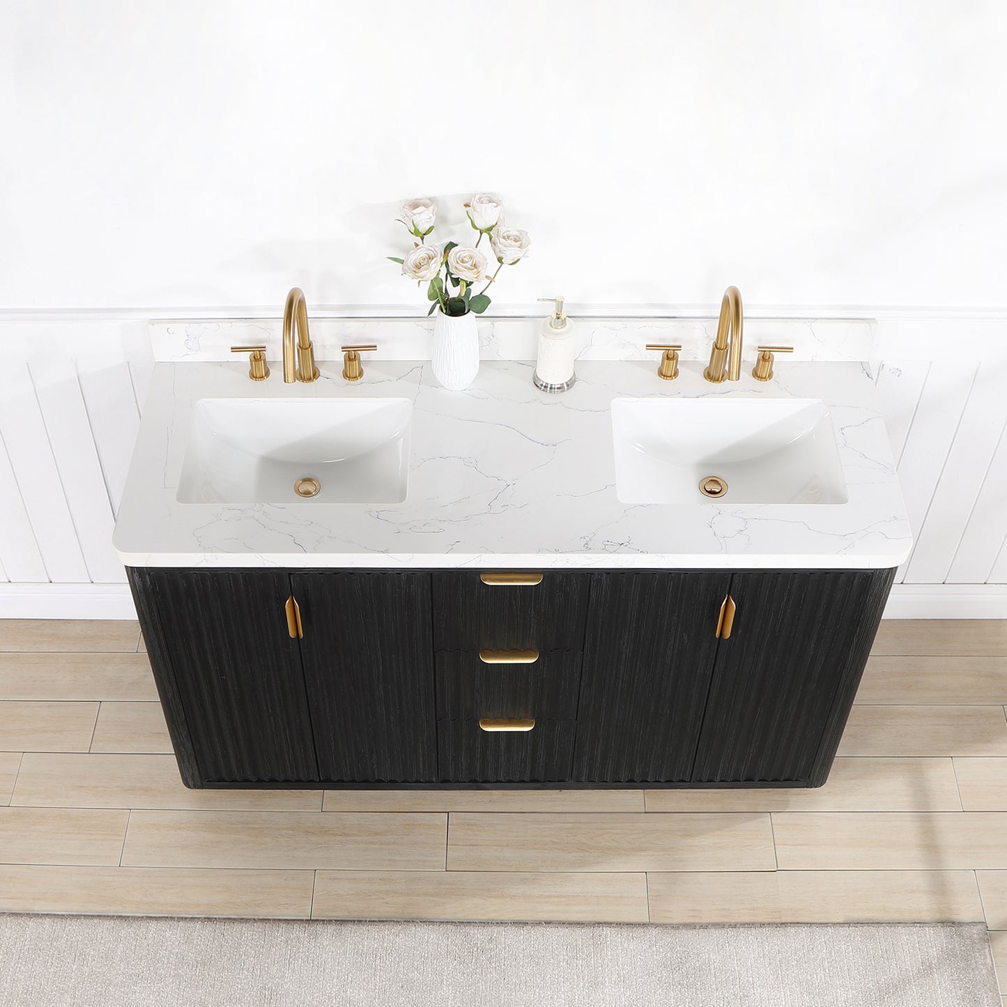 Vinnova, Cádiz 60in. Free-standing Double Bathroom Vanity in Fir Wood Black with Composite top in Lightning White