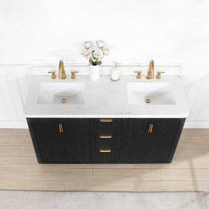 Vinnova, Cádiz 60in. Free-standing Double Bathroom Vanity in Fir Wood Black with Composite top in Lightning White