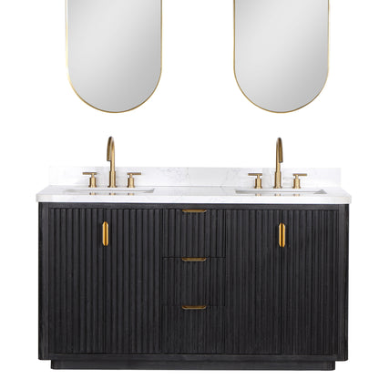 Vinnova, Cádiz 60in. Free-standing Double Bathroom Vanity in Fir Wood Black with Composite top in Lightning White and Mirror