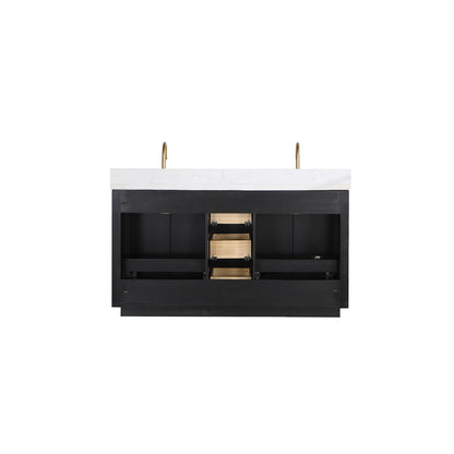 Vinnova, Cádiz 60in. Free-standing Double Bathroom Vanity in Fir Wood Black with Composite top in Lightning White and Mirror