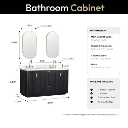 Vinnova, Cádiz 60in. Free-standing Double Bathroom Vanity in Fir Wood Black with Composite top in Lightning White and Mirror