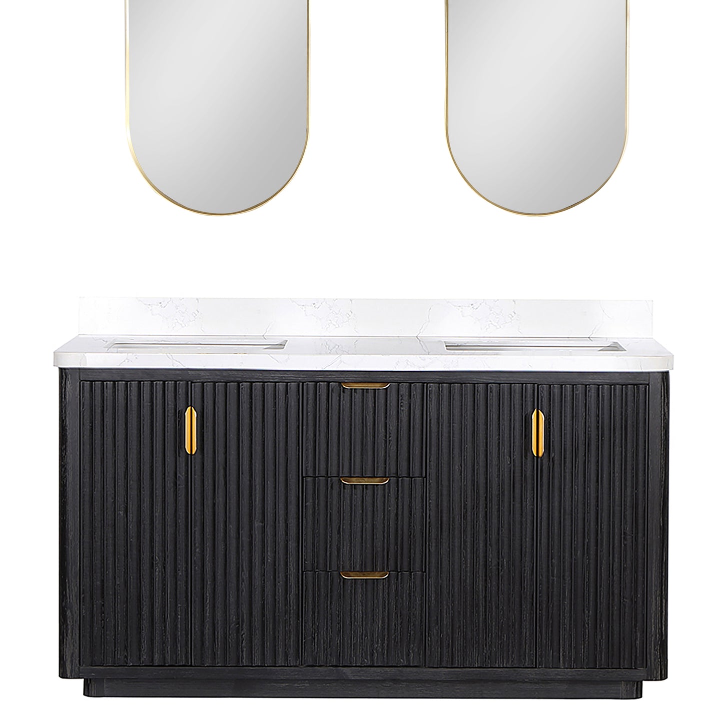 Vinnova, Cádiz 60in. Free-standing Double Bathroom Vanity in Fir Wood Black with Composite top in Lightning White and Mirror