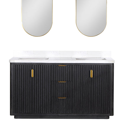 Vinnova, Cádiz 60in. Free-standing Double Bathroom Vanity in Fir Wood Black with Composite top in Lightning White and Mirror