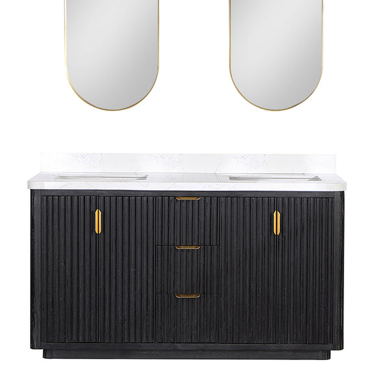 Vinnova, Cádiz 60in. Free-standing Double Bathroom Vanity in Fir Wood Black with Composite top in Lightning White and Mirror