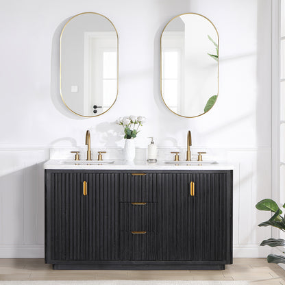 Vinnova, Cádiz 60in. Free-standing Double Bathroom Vanity in Fir Wood Black with Composite top in Lightning White and Mirror