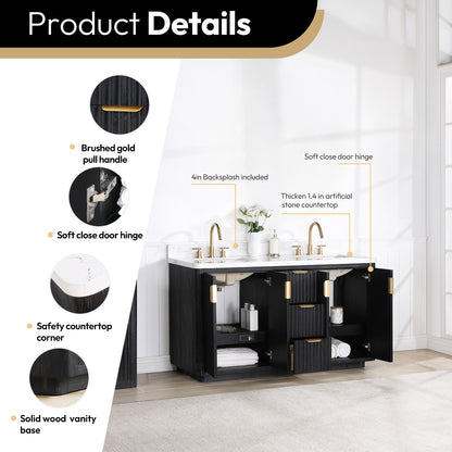 Vinnova, Cádiz 60in. Free-standing Double Bathroom Vanity in Fir Wood Black with Composite top in Lightning White and Mirror