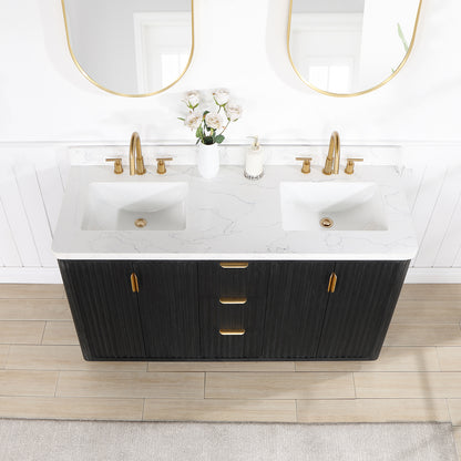 Vinnova, Cádiz 60in. Free-standing Double Bathroom Vanity in Fir Wood Black with Composite top in Lightning White and Mirror