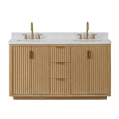 Vinnova, Cádiz 60in. Free-standing Double Bathroom Vanity in Washed Ash Grey with Composite top in Lightning White