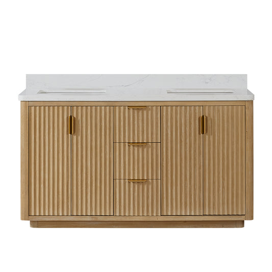 Vinnova, Cádiz 60in. Free-standing Double Bathroom Vanity in Washed Ash Grey with Composite top in Lightning White