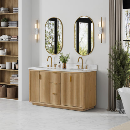 Vinnova, Cádiz 60in. Free-standing Double Bathroom Vanity in Washed Ash Grey with Composite top in Lightning White