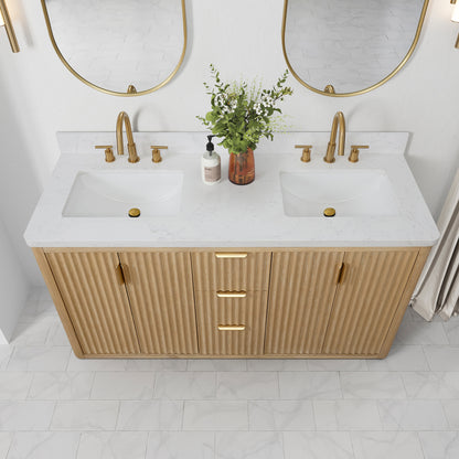 Vinnova, Cádiz 60in. Free-standing Double Bathroom Vanity in Washed Ash Grey with Composite top in Lightning White