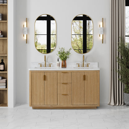 Vinnova, Cádiz 60in. Free-standing Double Bathroom Vanity in Washed Ash Grey with Composite top in Lightning White and Mirror