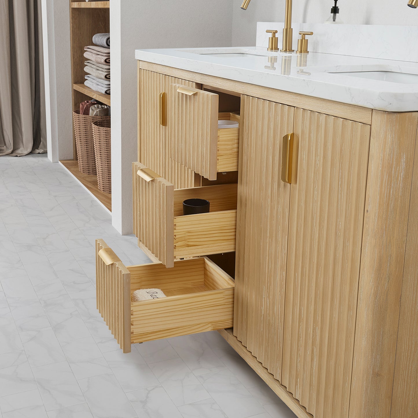 Vinnova, Cádiz 60in. Free-standing Double Bathroom Vanity in Washed Ash Grey with Composite top in Lightning White and Mirror