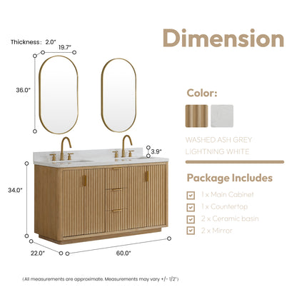 Vinnova, Cádiz 60in. Free-standing Double Bathroom Vanity in Washed Ash Grey with Composite top in Lightning White and Mirror