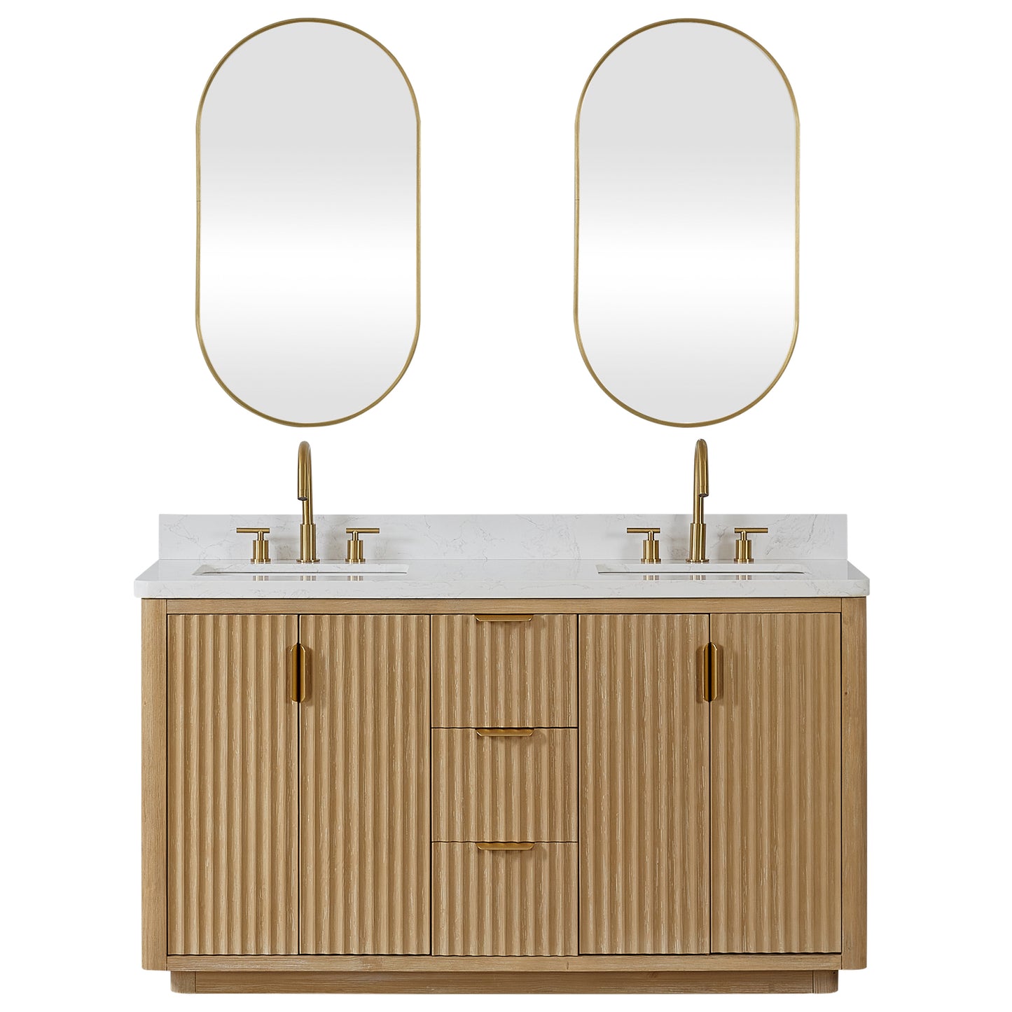 Vinnova, Cádiz 60in. Free-standing Double Bathroom Vanity in Washed Ash Grey with Composite top in Lightning White and Mirror