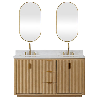 Vinnova, Cádiz 60in. Free-standing Double Bathroom Vanity in Washed Ash Grey with Composite top in Lightning White and Mirror