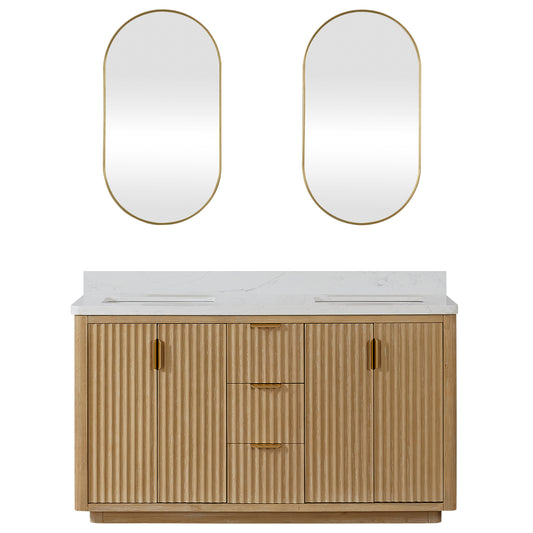 Vinnova, Cádiz 60in. Free-standing Double Bathroom Vanity in Washed Ash Grey with Composite top in Lightning White and Mirror