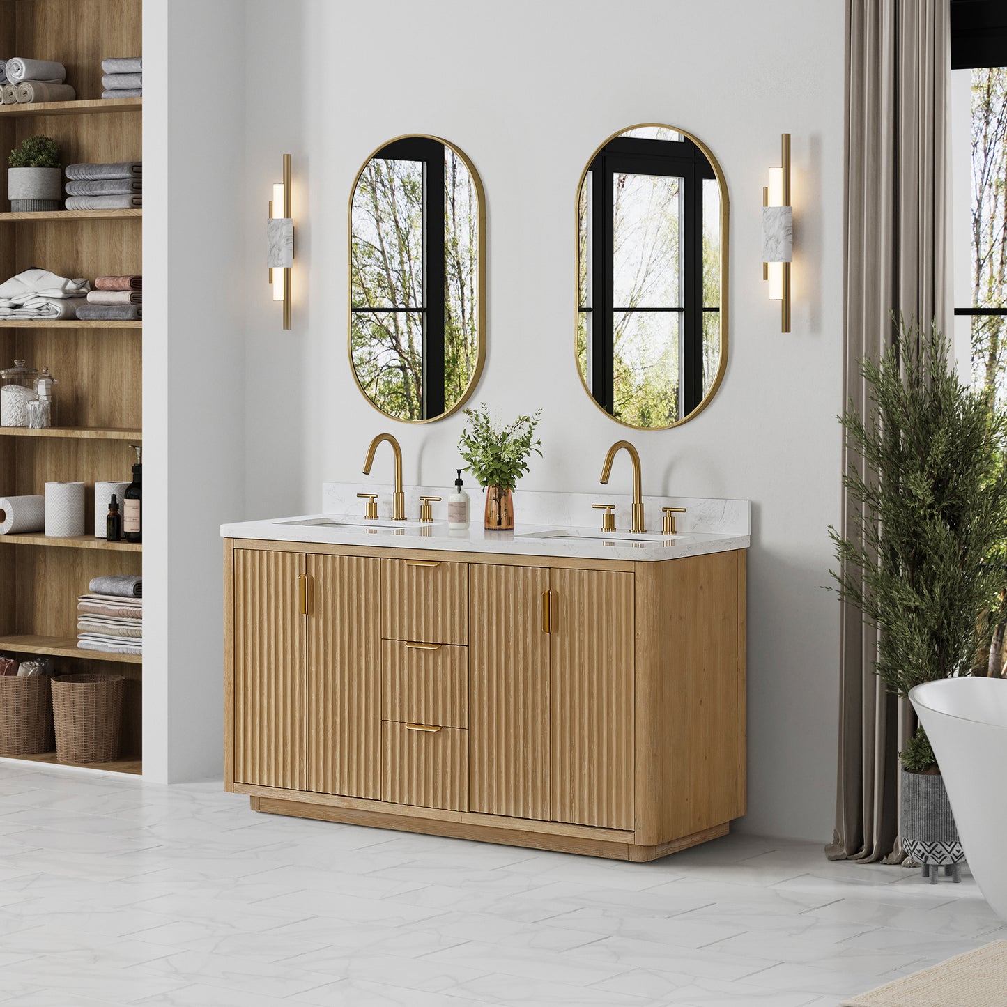 Vinnova, Cádiz 60in. Free-standing Double Bathroom Vanity in Washed Ash Grey with Composite top in Lightning White and Mirror