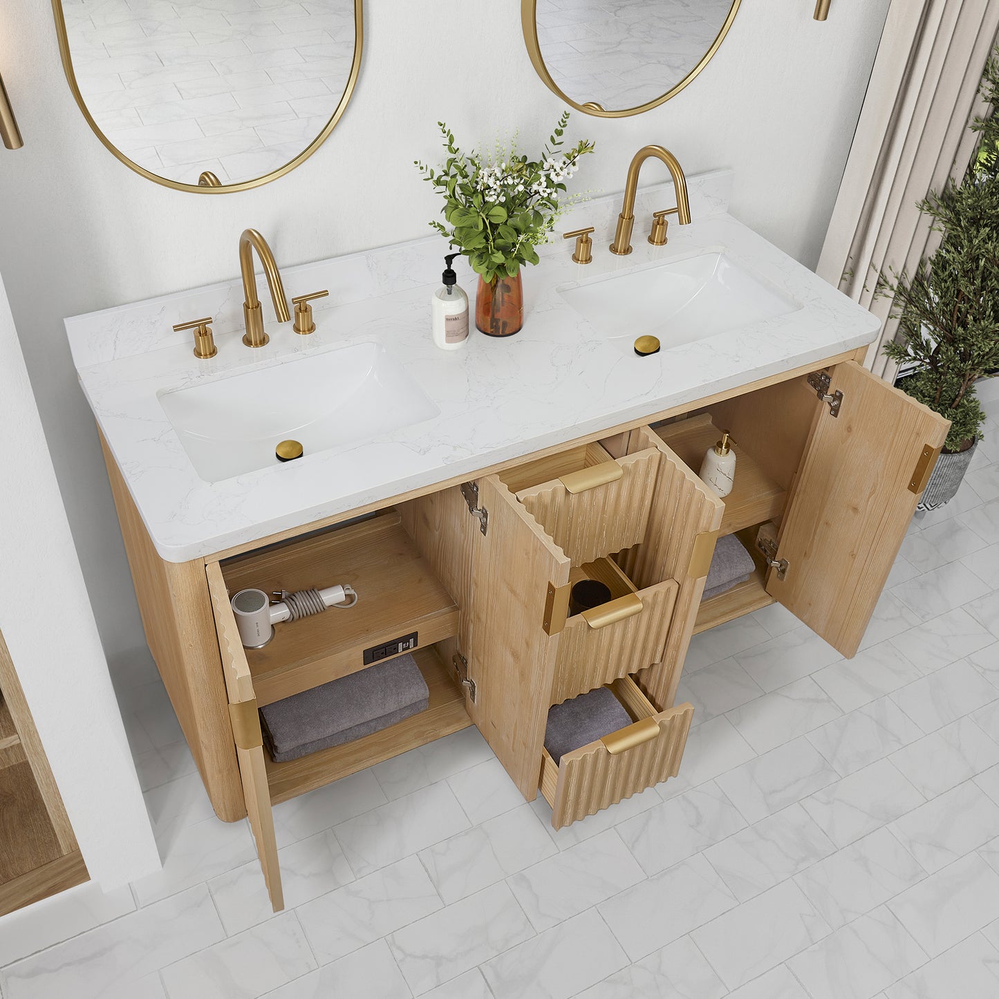 Vinnova, Cádiz 60in. Free-standing Double Bathroom Vanity in Washed Ash Grey with Composite top in Lightning White and Mirror
