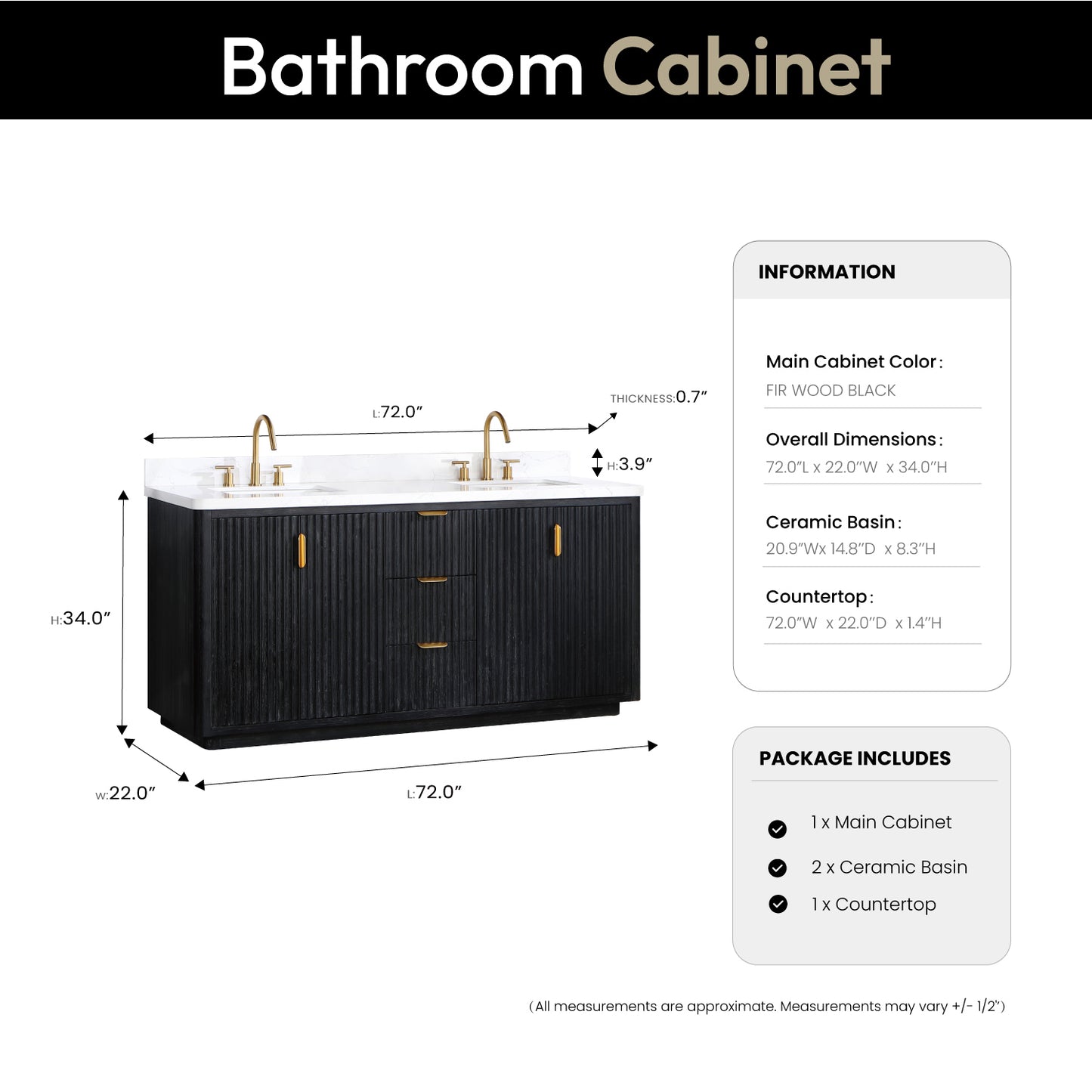 Vinnova, Cádiz 72in. Free-standing Double Bathroom Vanity in Fir Wood Black with Composite top in Lightning White
