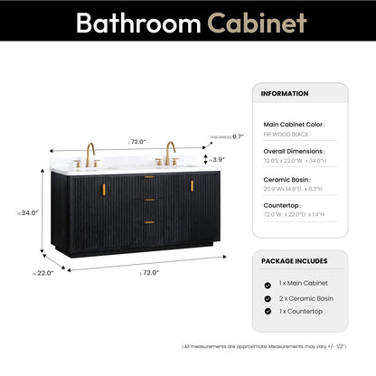 Vinnova, Cádiz 72in. Free-standing Double Bathroom Vanity in Fir Wood Black with Composite top in Lightning White