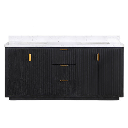 Vinnova, Cádiz 72in. Free-standing Double Bathroom Vanity in Fir Wood Black with Composite top in Lightning White