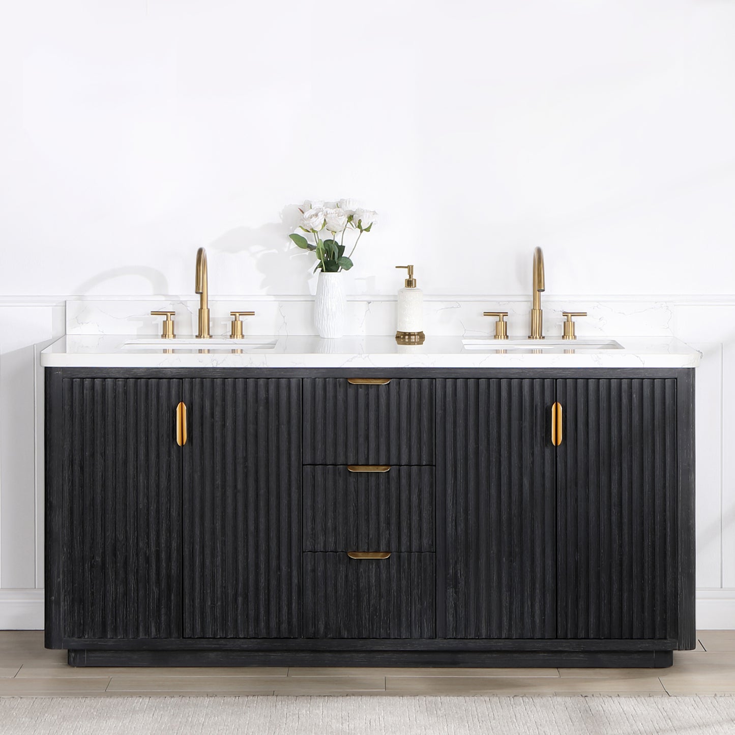 Vinnova, Cádiz 72in. Free-standing Double Bathroom Vanity in Fir Wood Black with Composite top in Lightning White