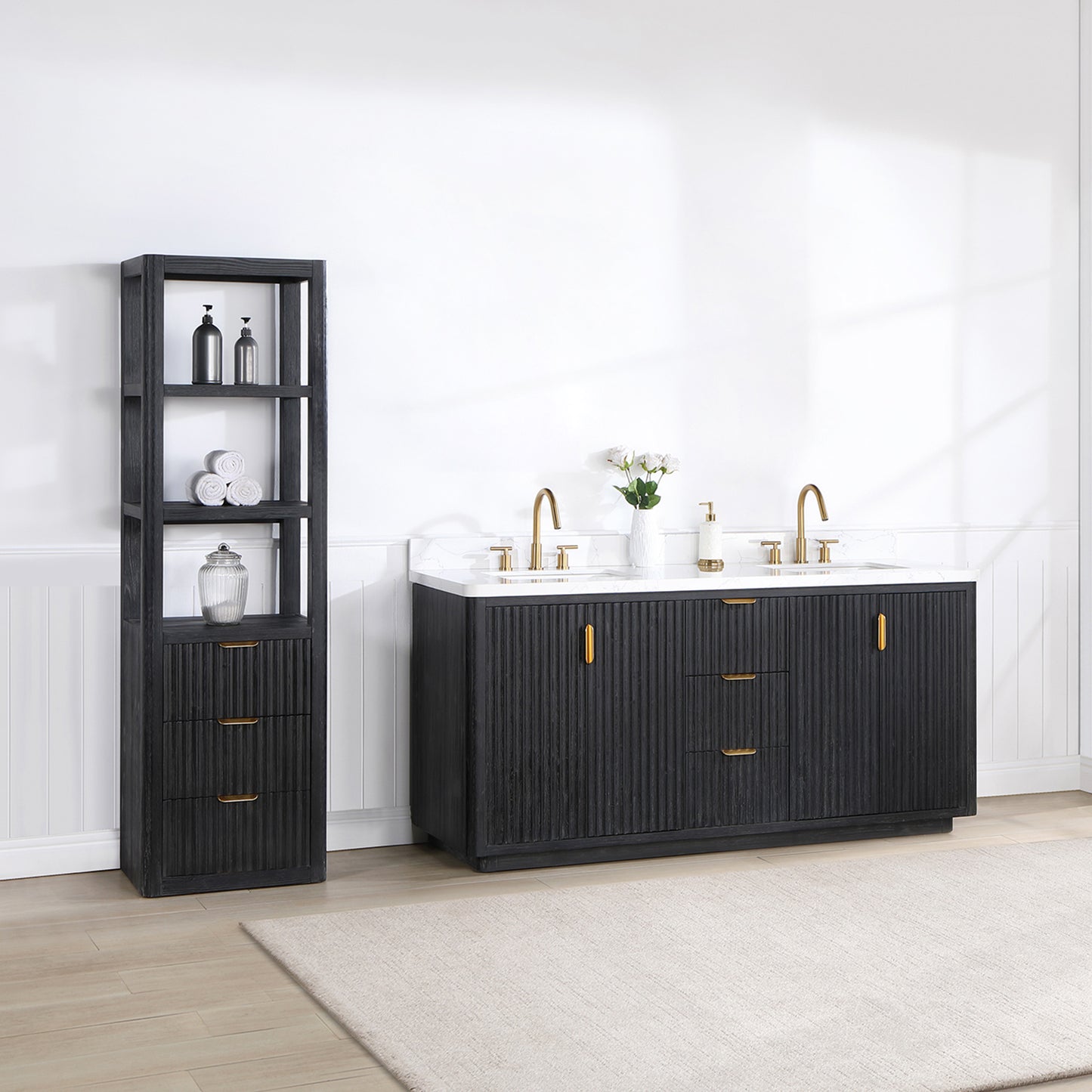 Vinnova, Cádiz 72in. Free-standing Double Bathroom Vanity in Fir Wood Black with Composite top in Lightning White