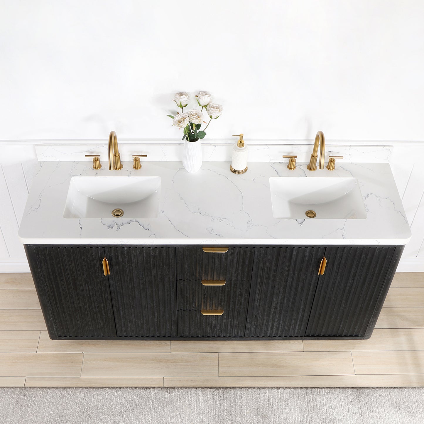 Vinnova, Cádiz 72in. Free-standing Double Bathroom Vanity in Fir Wood Black with Composite top in Lightning White