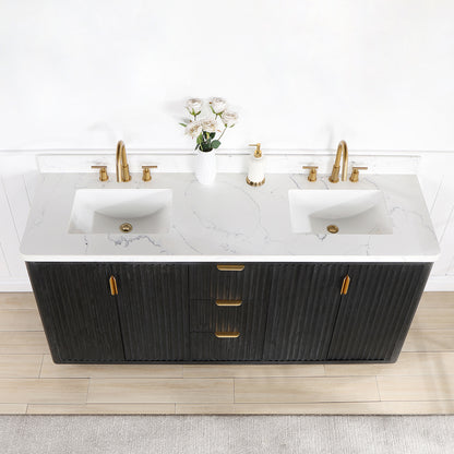 Vinnova, Cádiz 72in. Free-standing Double Bathroom Vanity in Fir Wood Black with Composite top in Lightning White