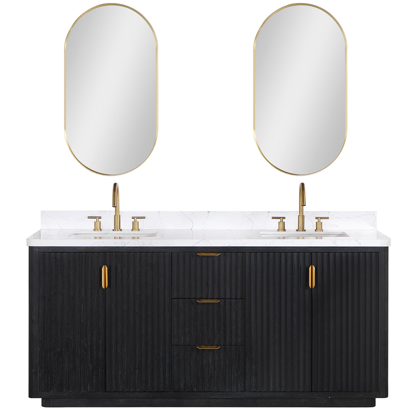 Vinnova, Cádiz 72in. Free-standing Double Bathroom Vanity in Fir Wood Black with Composite top in Lightning White and Mirror