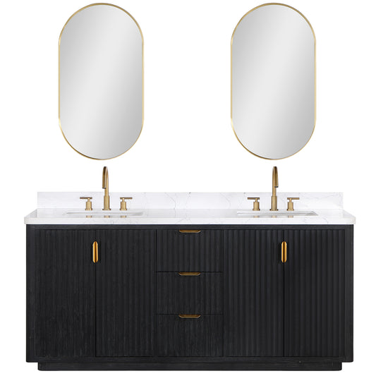 Vinnova, Cádiz 72in. Free-standing Double Bathroom Vanity in Fir Wood Black with Composite top in Lightning White and Mirror