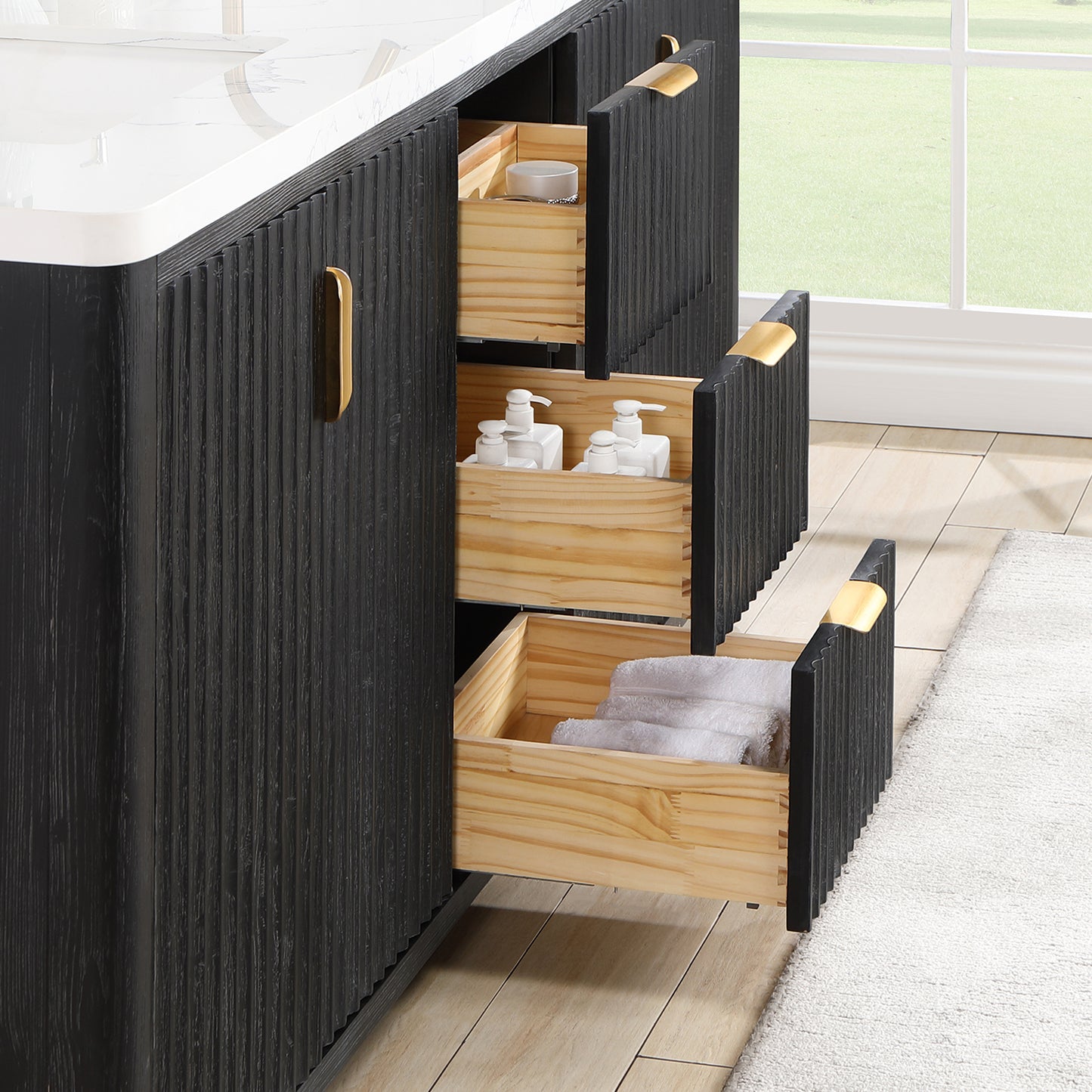Vinnova, Cádiz 72in. Free-standing Double Bathroom Vanity in Fir Wood Black with Composite top in Lightning White and Mirror