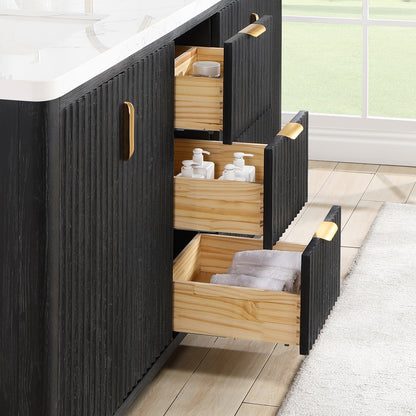 Vinnova, Cádiz 72in. Free-standing Double Bathroom Vanity in Fir Wood Black with Composite top in Lightning White and Mirror