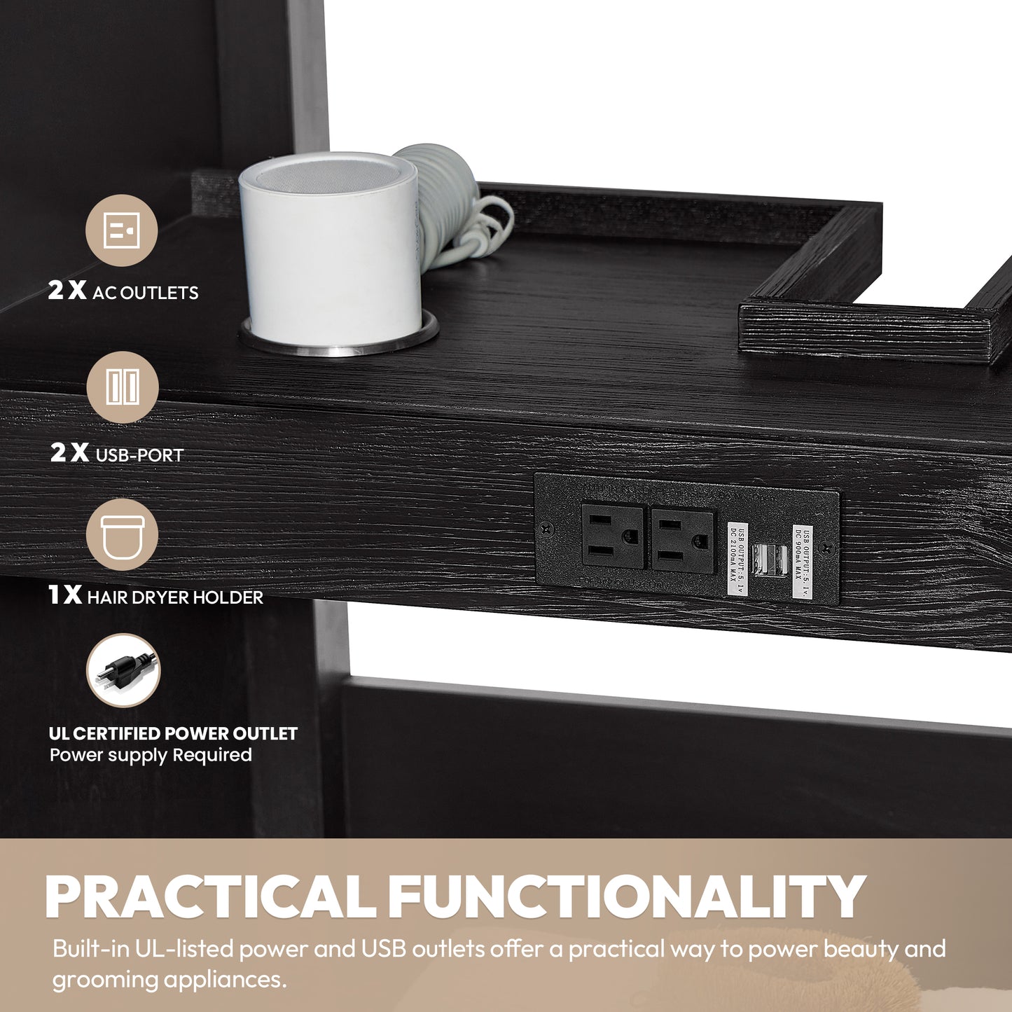Vinnova, Cádiz 72in. Free-standing Double Bathroom Vanity in Fir Wood Black with Composite top in Lightning White and Mirror