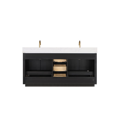 Vinnova, Cádiz 72in. Free-standing Double Bathroom Vanity in Fir Wood Black with Composite top in Lightning White and Mirror