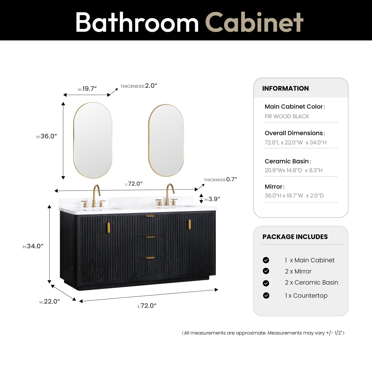 Vinnova, Cádiz 72in. Free-standing Double Bathroom Vanity in Fir Wood Black with Composite top in Lightning White and Mirror