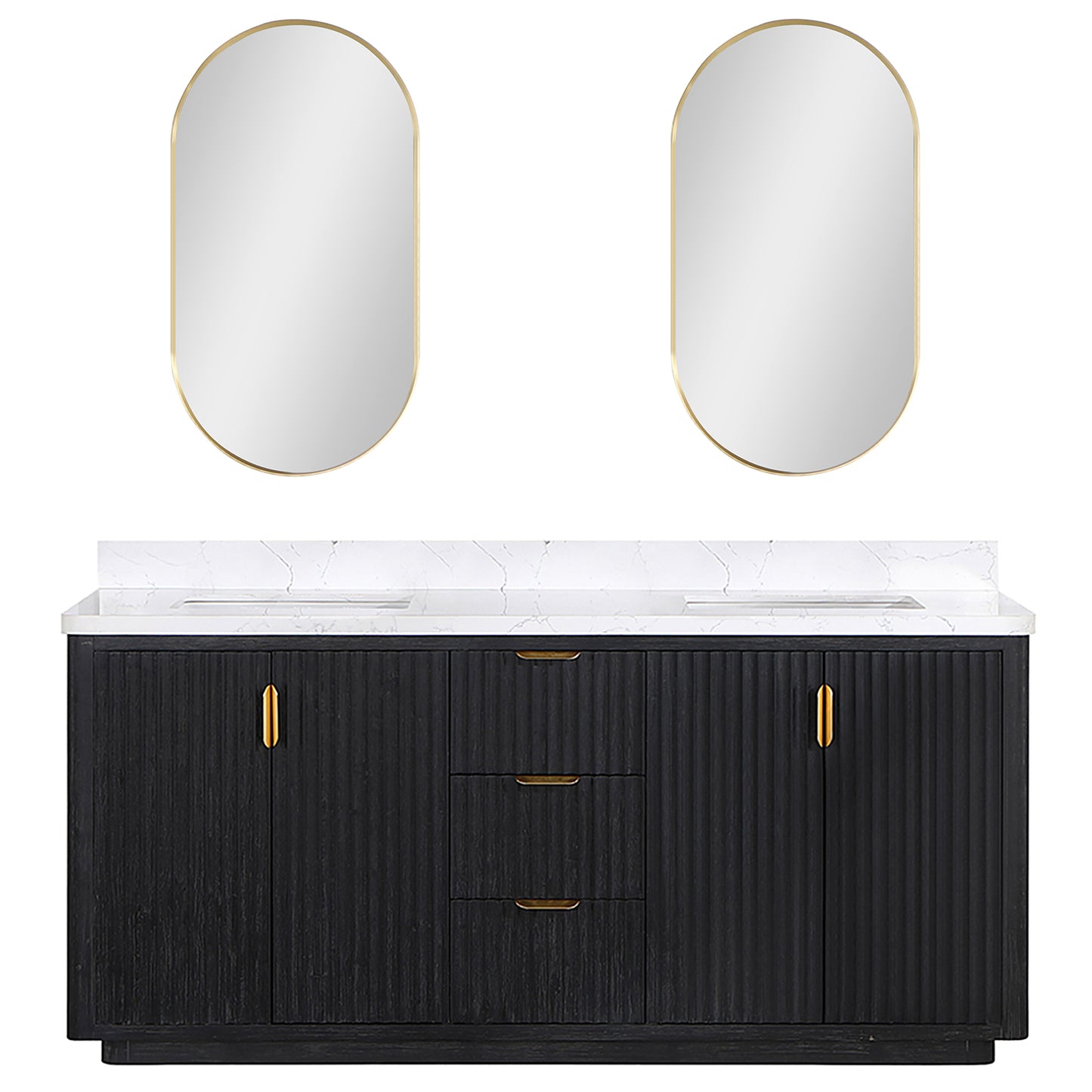 Vinnova, Cádiz 72in. Free-standing Double Bathroom Vanity in Fir Wood Black with Composite top in Lightning White and Mirror