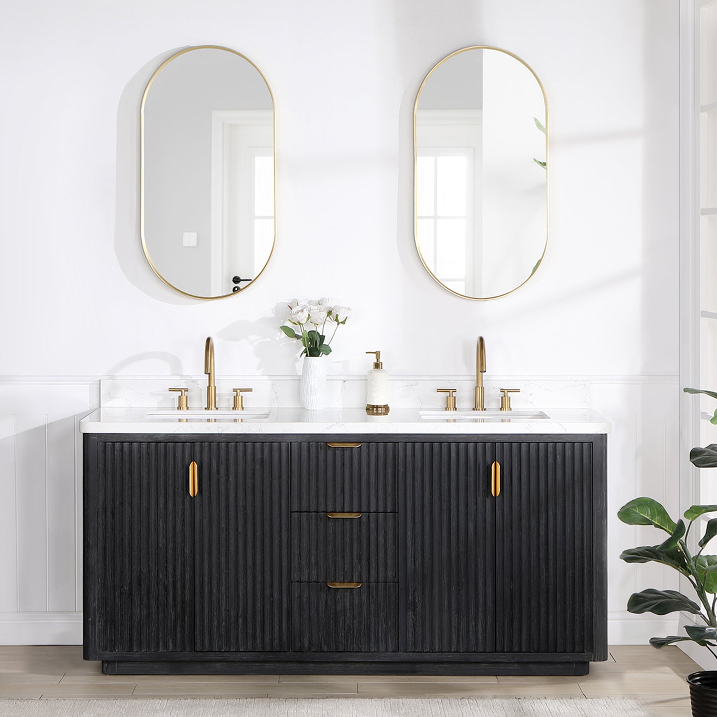 Vinnova, Cádiz 72in. Free-standing Double Bathroom Vanity in Fir Wood Black with Composite top in Lightning White and Mirror