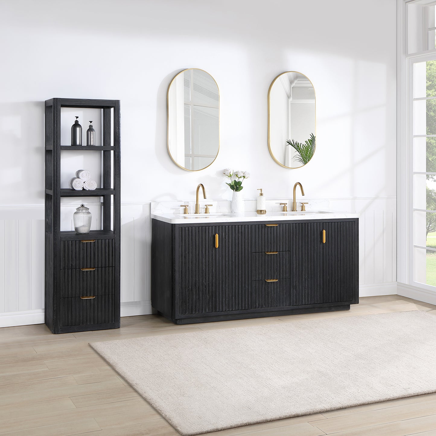 Vinnova, Cádiz 72in. Free-standing Double Bathroom Vanity in Fir Wood Black with Composite top in Lightning White and Mirror