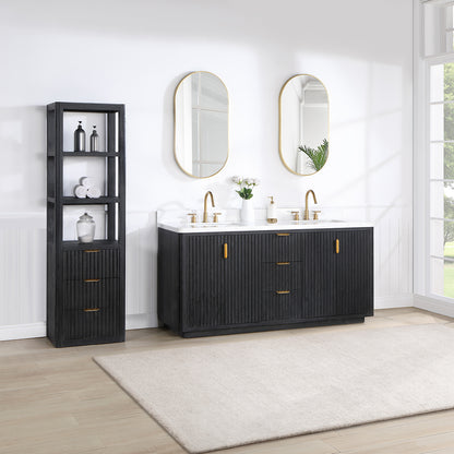 Vinnova, Cádiz 72in. Free-standing Double Bathroom Vanity in Fir Wood Black with Composite top in Lightning White and Mirror