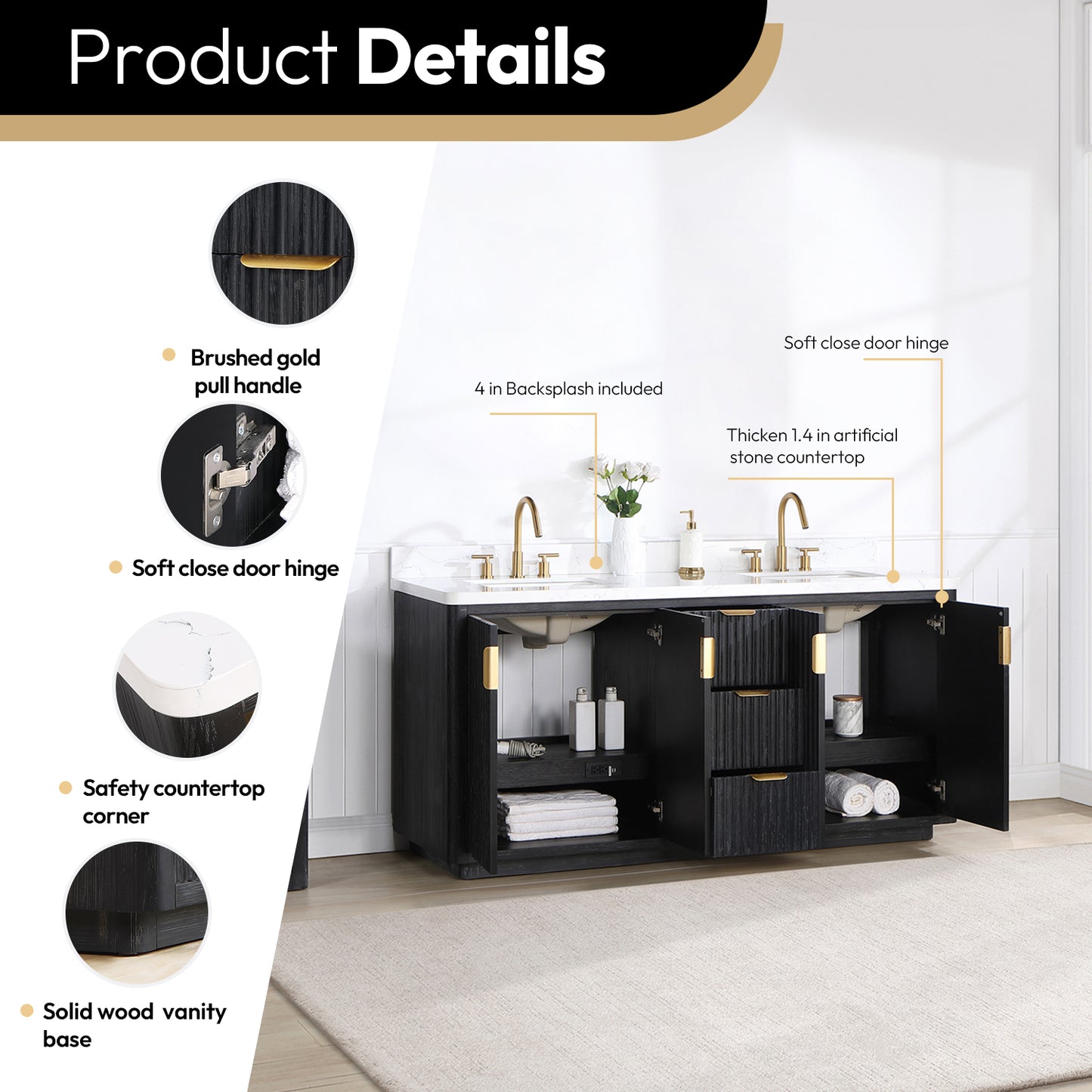 Vinnova, Cádiz 72in. Free-standing Double Bathroom Vanity in Fir Wood Black with Composite top in Lightning White and Mirror