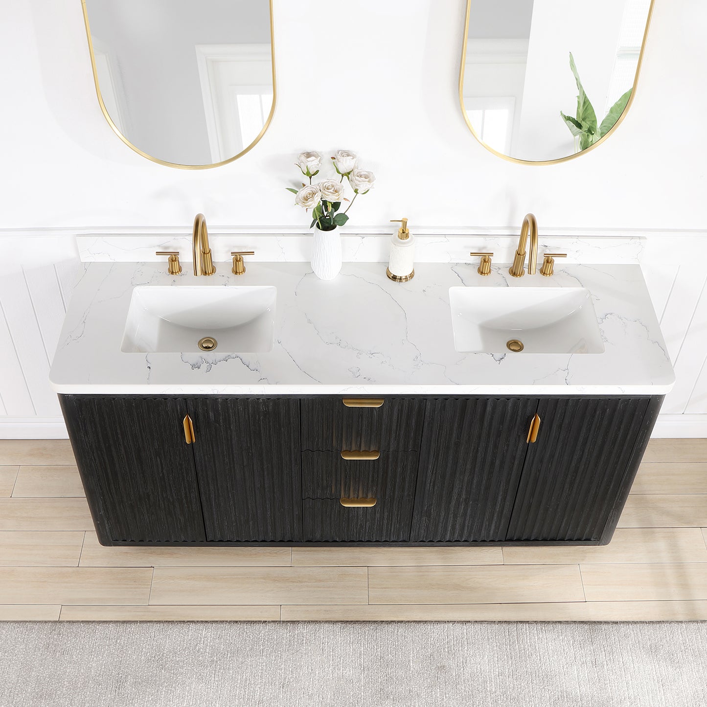 Vinnova, Cádiz 72in. Free-standing Double Bathroom Vanity in Fir Wood Black with Composite top in Lightning White and Mirror
