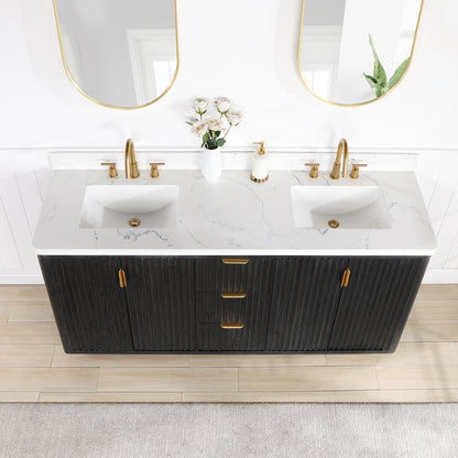 Vinnova, Cádiz 72in. Free-standing Double Bathroom Vanity in Fir Wood Black with Composite top in Lightning White and Mirror
