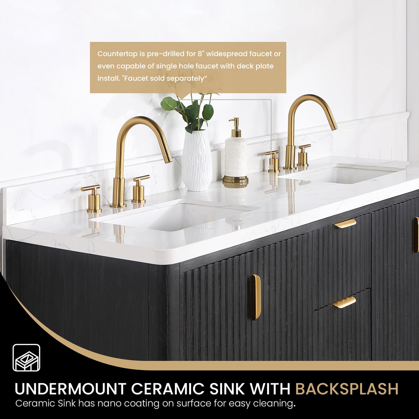 Vinnova, Cádiz 72in. Free-standing Double Bathroom Vanity in Fir Wood Black with Composite top in Lightning White and Mirror