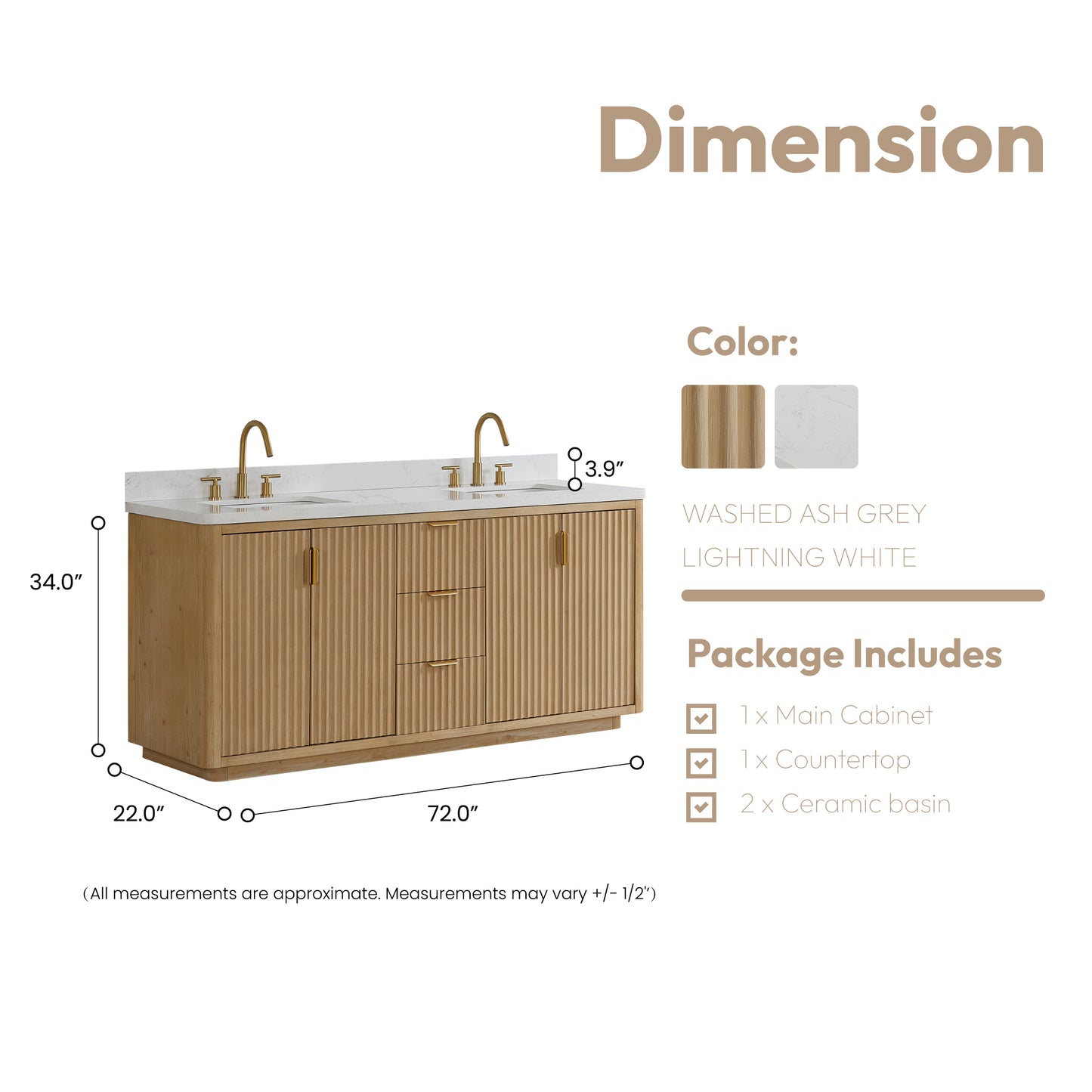 Vinnova, Cádiz 72in. Free-standing Double Bathroom Vanity in Washed Ash Grey with Composite top in Lightning White