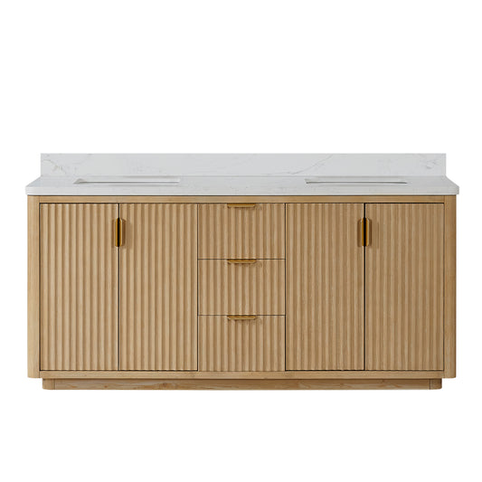 Vinnova, Cádiz 72in. Free-standing Double Bathroom Vanity in Washed Ash Grey with Composite top in Lightning White