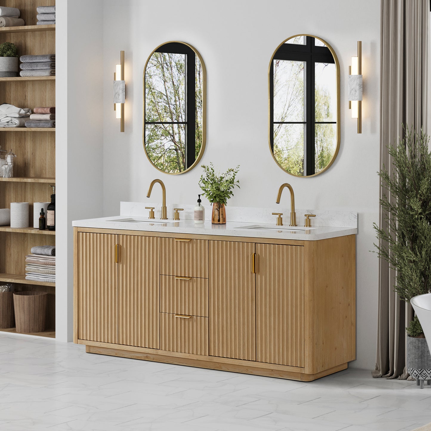 Vinnova, Cádiz 72in. Free-standing Double Bathroom Vanity in Washed Ash Grey with Composite top in Lightning White