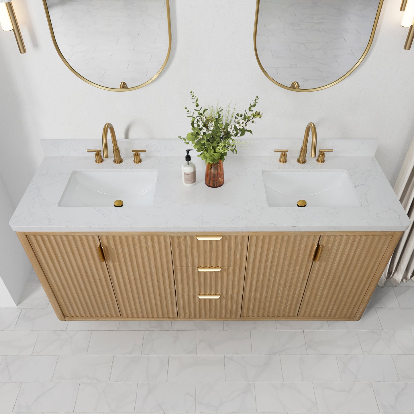 Vinnova, Cádiz 72in. Free-standing Double Bathroom Vanity in Washed Ash Grey with Composite top in Lightning White